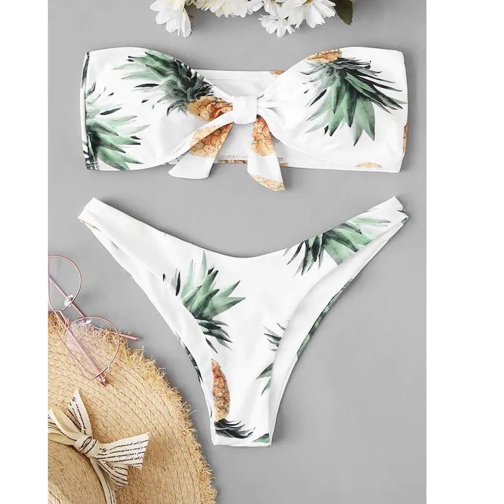 2024 Summer Women Bikini Set Trendy Two Pieces Sexy Solid Flower Printed Strapless Low Waist Swimsuit Beach Style Bathing Suit