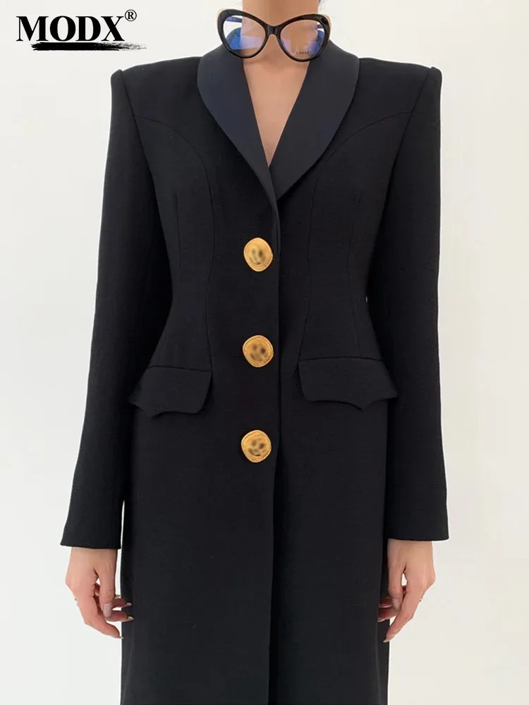 [MODX]  Black Buckle Casual Long Blazer Women New Lapel Long Sleeve Loose Fit Jacket Fashion Tide Spring Autumn 2024