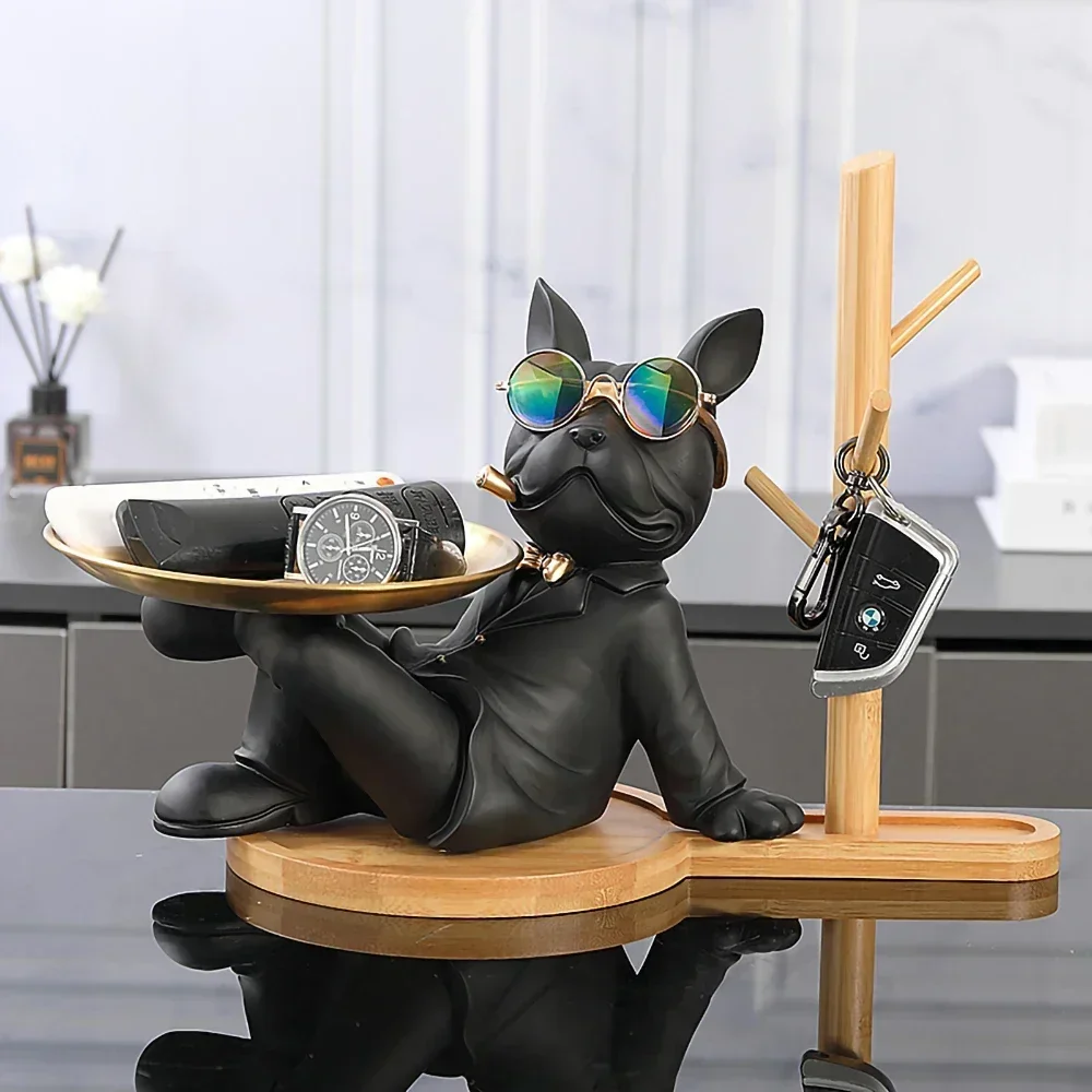 

Home Interior Decoration Craft Dog Sculpture With Wooden Shelf French Bulldog Resin Statue Piggy Bank Figurine Living Room Decor