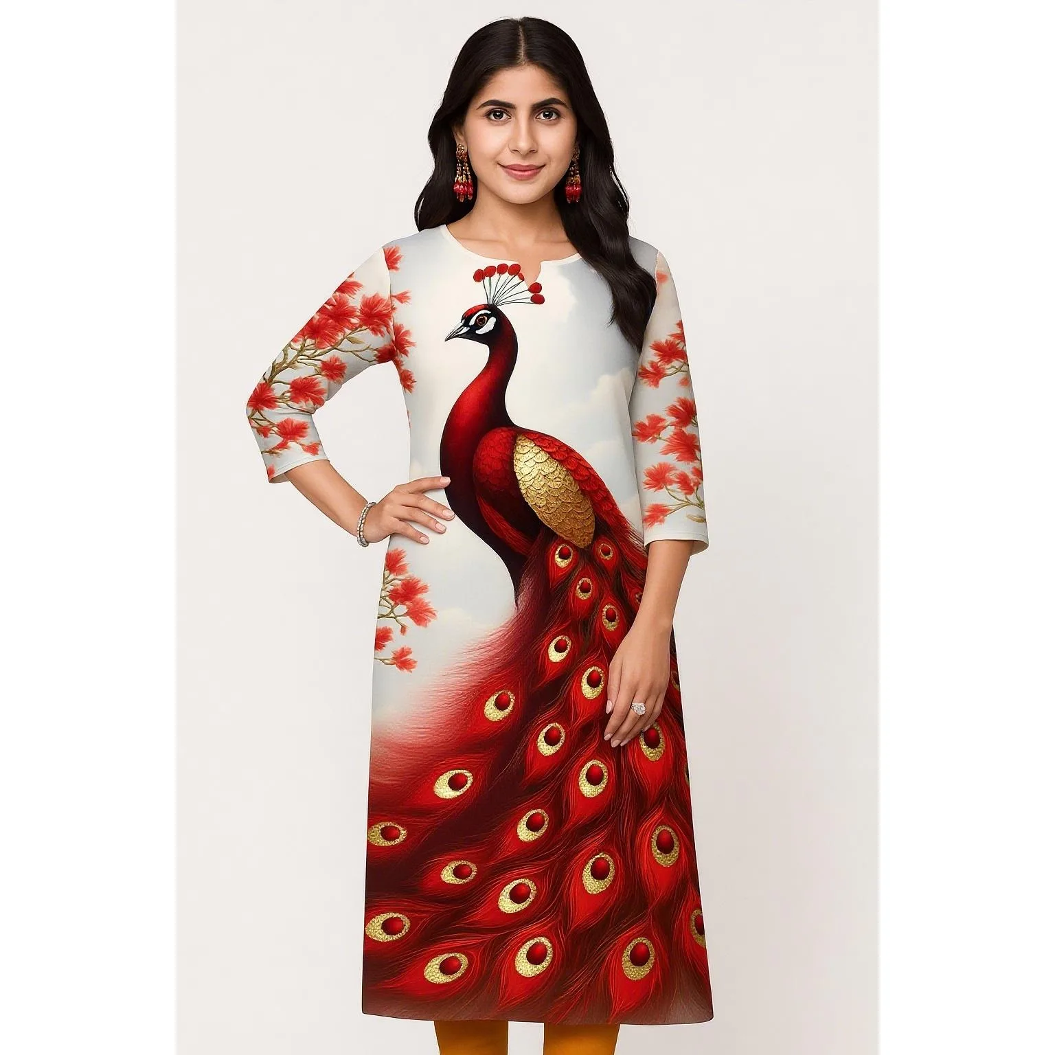 Musulmano Pavone Kurtta Abito moda casual da donna a maniche lunghe Tubo dritto Casual Fiore etnico Abaya Musulmane Abito modesto