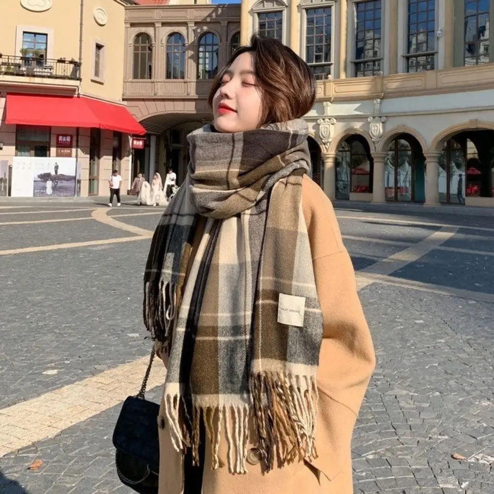 Classic Korean Style Plaid Scarf Vintage Oversized Imitation Cashmere Tassel Scarf 200x33CM Thick Fall Winter Scarf Student