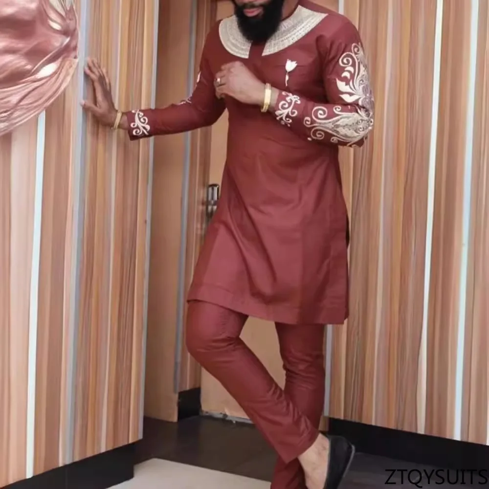 African Men's Shirt Pants Set Metallic Print Tops Long Sleeves Clothing V Neck Matching Traditional Suit With Trouser For Men