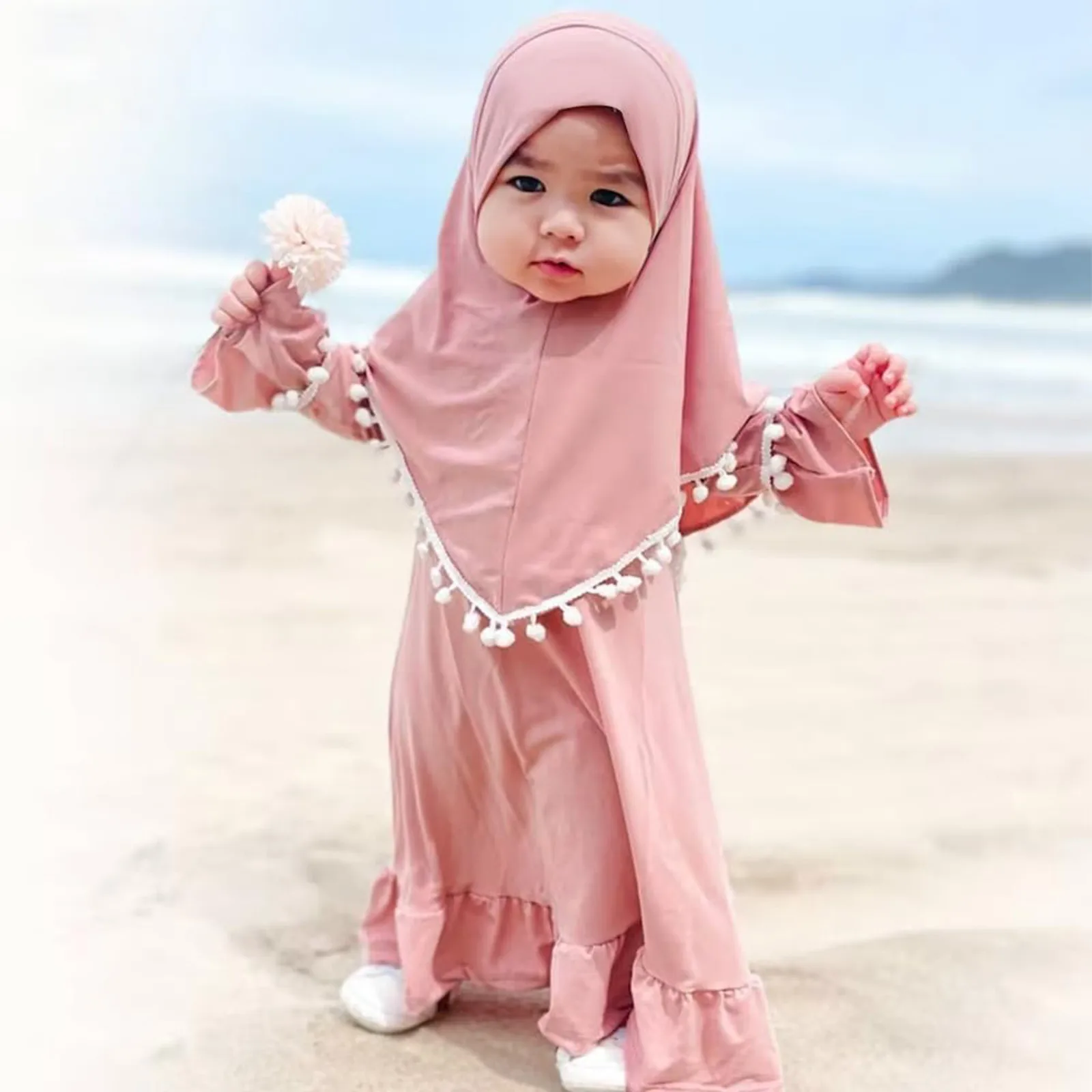 Girl Muslim Dress With Hijab For Newborn Infant Girls 0-5 Years Prayer Dress Muslim Clothes Long Sleeve Muslim Robe+Headscarf