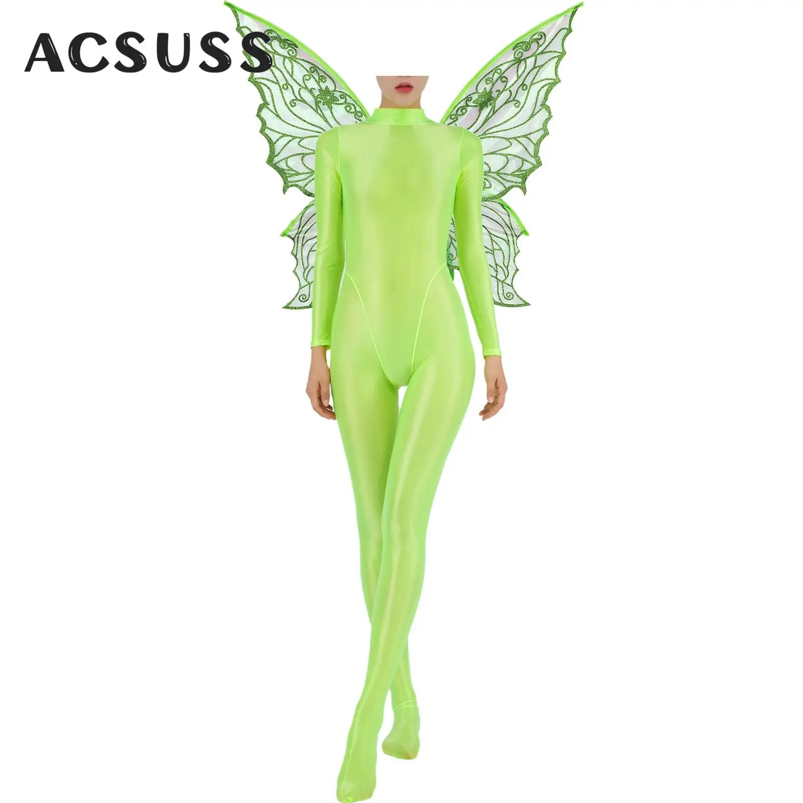 

Женский масляный глянцевый комбинезон, комбинезон с длинными рукавами, полный боди, купальник с крыльями феи, костюм для тематической вечеринки на Хэллоуин