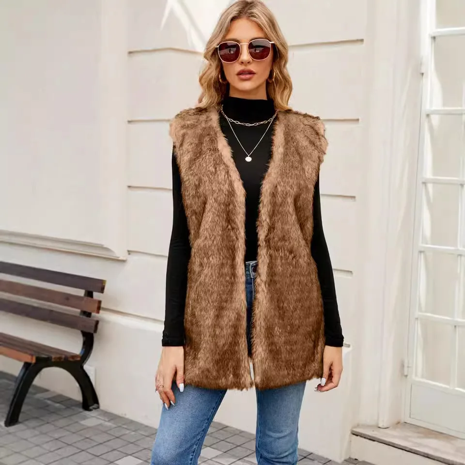 Vest Mouwloos Faux Bont Vrouwen Kleding Open Steek Losse V-Hals Bont Vest High Street Effen Herfst Gesplitst Mode 2024