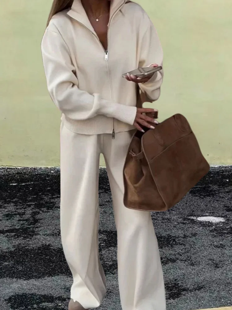 

Casual Zipper Jacket Commuter Suit Simple Solid Color Streetwear Long Pants Outfits Autumn Winter Knitted Women's Two Piece Sets