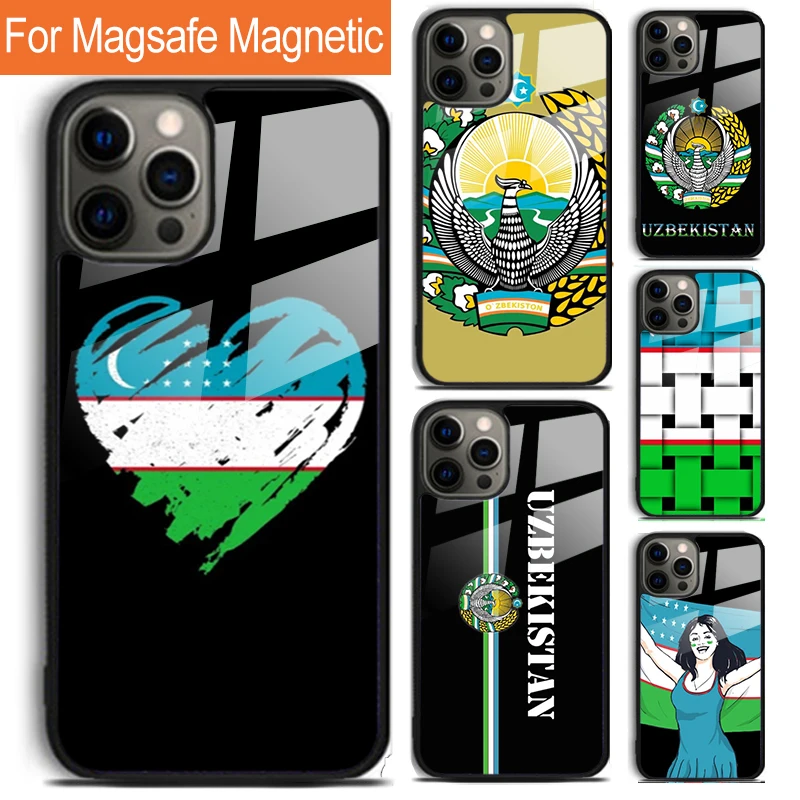 Emblem of Uzbekistan National Flag Phone Case For iPhone 16 15 14 13 12 11 Pro Max Plus Magsafe Magnetic Wireless Charging Cover