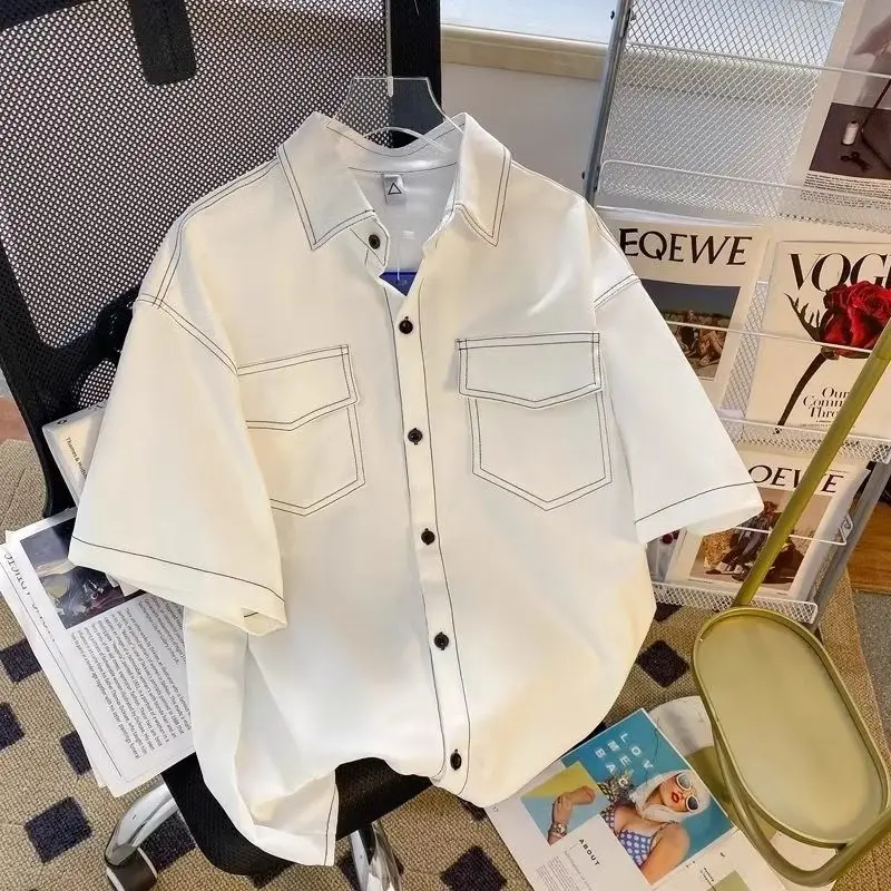 Loose Fit Men's Short Sleeve Shirt Sharp Collar Summer Casual Style Youth Popular Basic Material Non-iron Regular Thickness