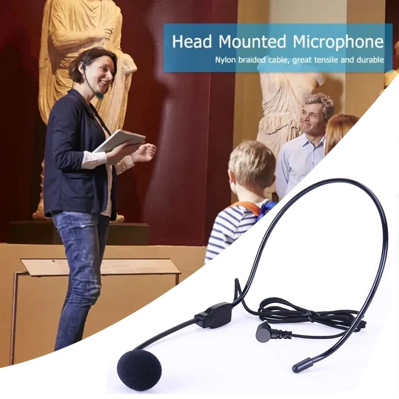 ไมโครโฟนสวมศีรษะขนาดเล็กแบบมีสายขนาด3.5มม. สำหรับเครื่องขยายเสียงหูฟังไมโครโฟนแบบพกพาหูฟังสำหรับบรรยายบรรยาย