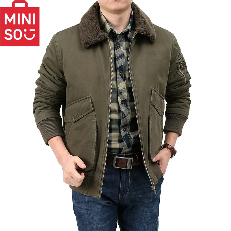 MINISO Heavy Industry Outdoor workwear Jacket with Velvet Thickened Cotton Coat Cotton Jacket Trendy Versatile Men\'s Casual Jack