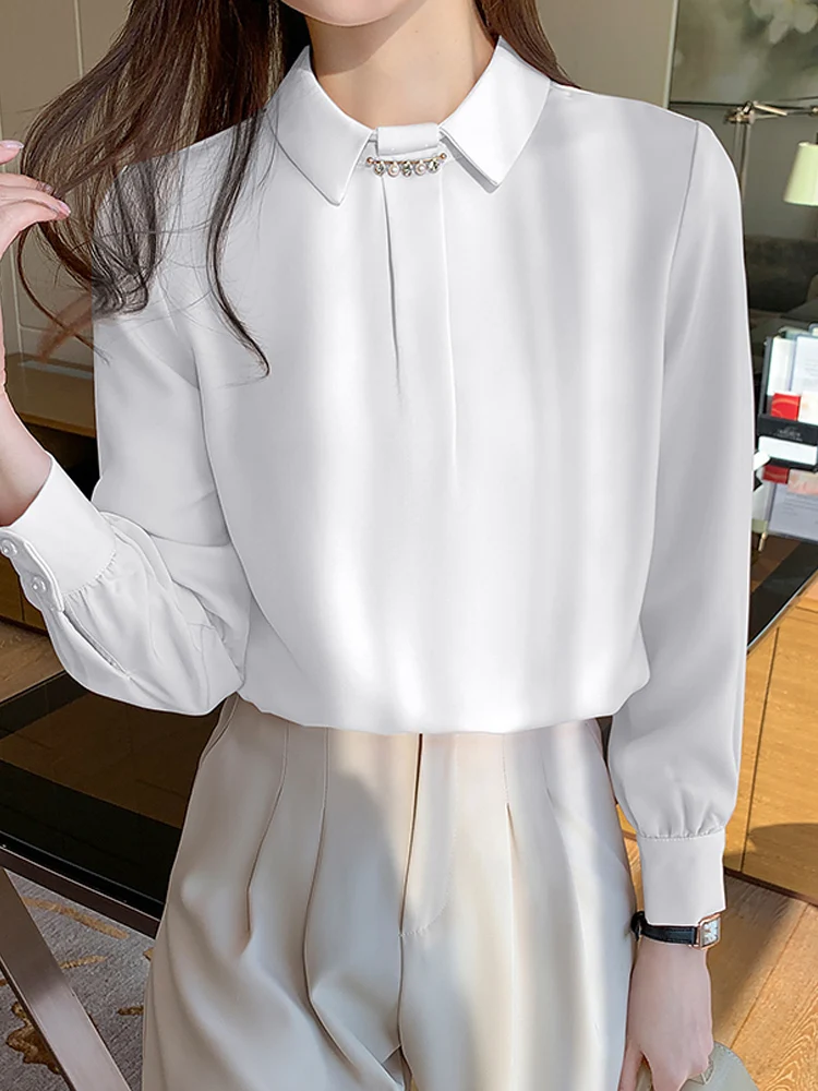 Long Sleeve Blouse Women Turn Down Collar Beading Chiffon Blouse Shirt Tops Women Blusas Mujer De Moda 2024 Blouses Blusa D598