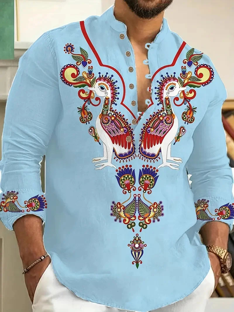 

New Men's Casual Long Sleeve Henry Collar Linen Shirt Ethnic Print Men's Shirt High Quality Top Fits Everyday