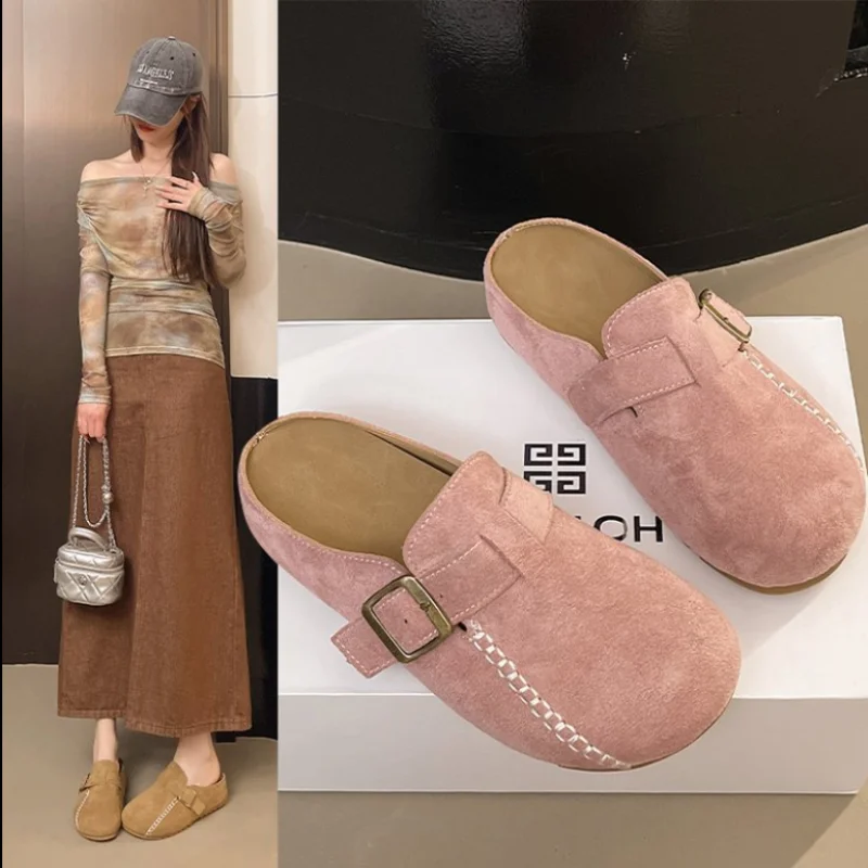 

2025 New Genuine Kid Suede Low Heels Covered Toe Natural Leather Casual Slippers Female Daily Walk