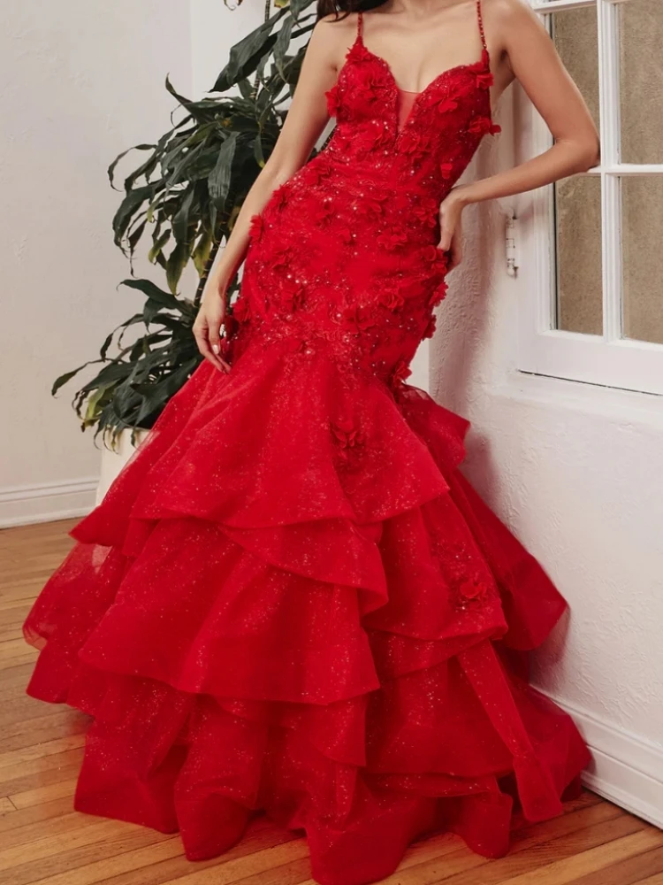 

Charming Red Women Wedding Party Dresses V Neck Sleeveless Flower Tiered Skirt Long Formal Occasion Wear Evening Prom Gown New