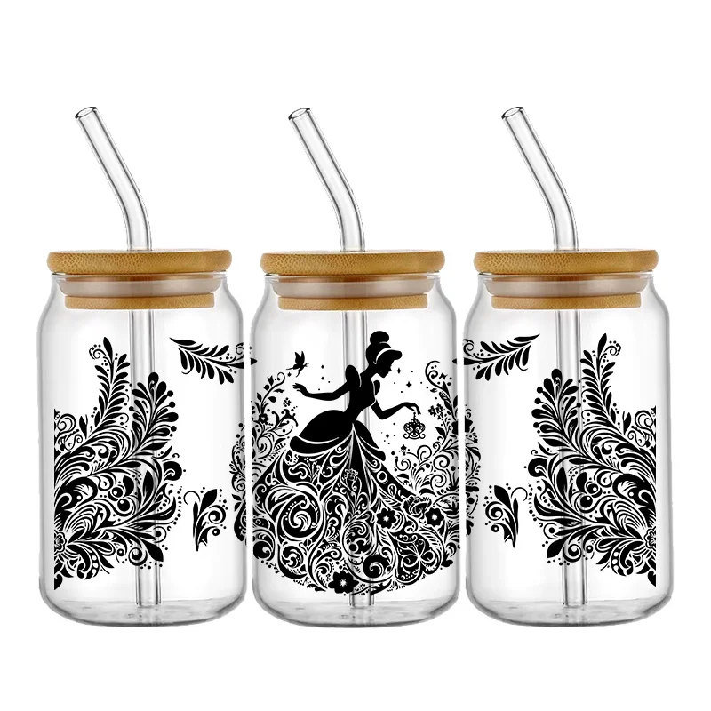 Black Disney Princess 16oz UV DTF Wraps Transfer Sticker For Libbey Glass Cup Waterproof Wrap Transfers Decals