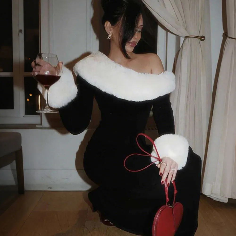 Blifanbo elegante Sexy vestido largo de manga larga para mujer muslo alto dividido hombro oblicuo ceñido al cuerpo sexy Club fiesta vestido largo de noche