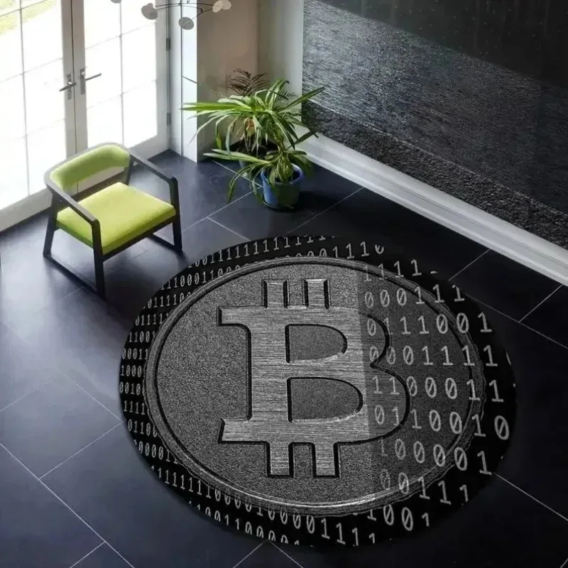 Tech Style Bitcoin Round Rug Crypto Currency Pattern Floor Mat, Unique Digital Asset Themed Home Decor for Crypto Enthusiasts