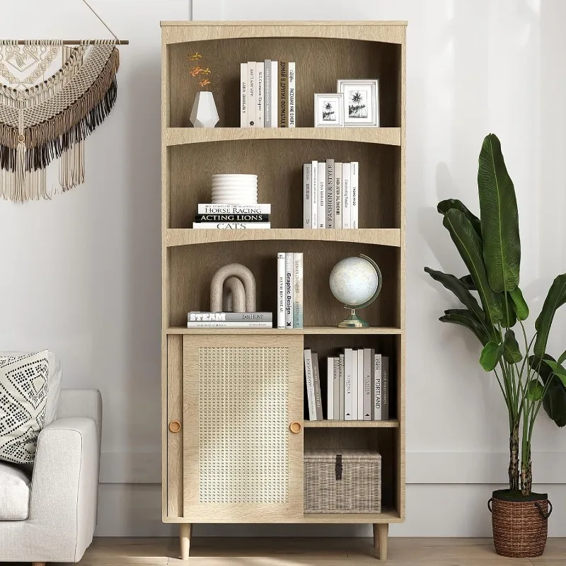 Bookcase,Tall 5 Tier Boho Bookshelf with Door Storage,Adjustable Shelves,Rattan Wood Book Case Shelf