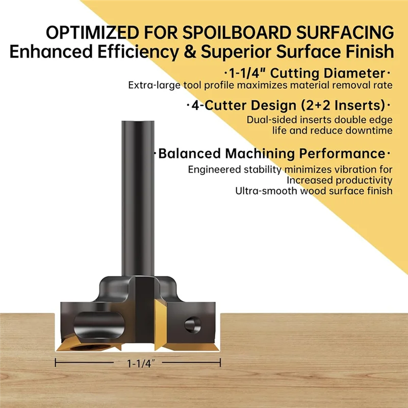 A88E-Titanium-Coated Carbide Surfacing Router Bit 1/4" Shank,1-3/8" Cutting Diameter 2+2 Flutes For CNC Spoilboard Planing