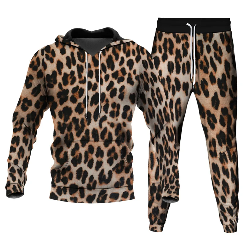 Leopard Zebra Pattern 3D Printed Tracksuits Men\'s 2 Piece Set Hoodies Sweatpants Streetwear Casual Two Piece Male Oversized Suit