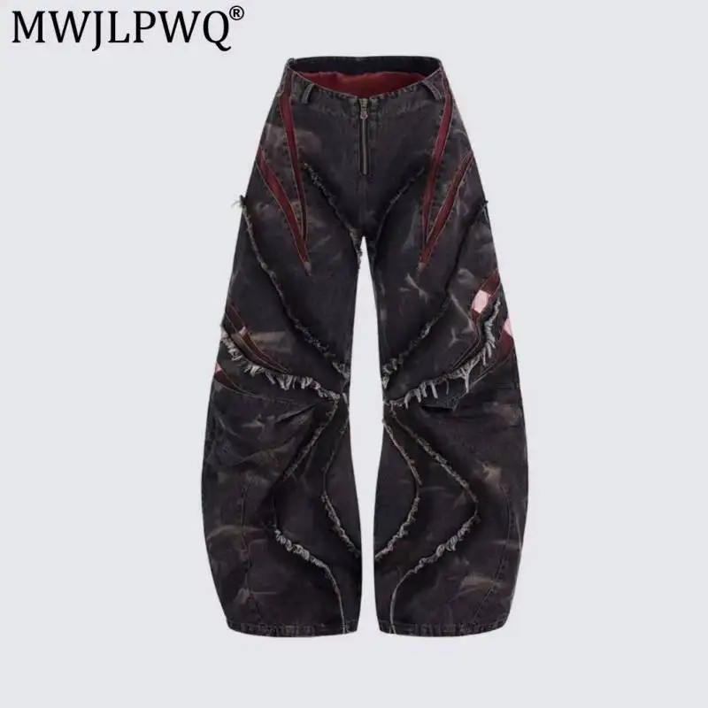 MWJLPWQ American High Street Heavy-Duty Washed Curved Hem Jeans Men 2026 Spring Autumn Frayed Edge Mesh Patchwork Pants 20004