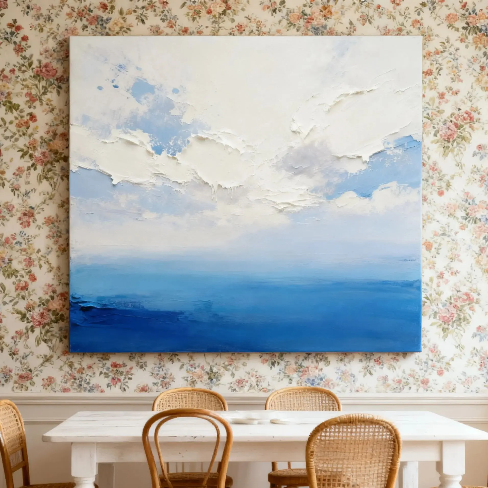 Hand Painted Blue Sky Abstract Landscape Texture Thick Painted Knife Painting Modern Wall Art