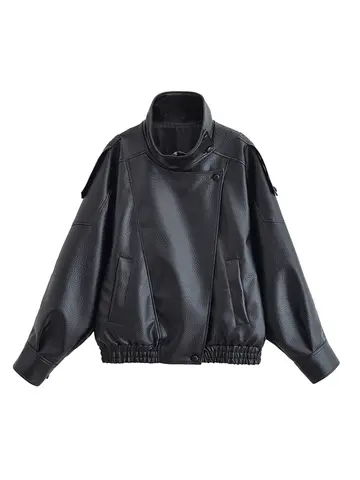 Women's Jacket Fall 2025 New Black Long Sleeve Pebble Faux Leather Jacket Motorcycle Style Personality Fashion