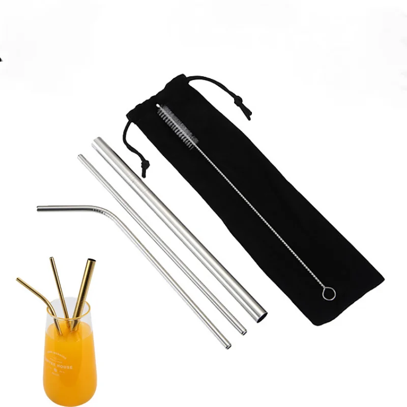 304 Stainless Steel Straw Set Group Ice Bully Cup Stainless Steel Straw Tea With Milk Straw Income Group Cloth Bag Suit Straw