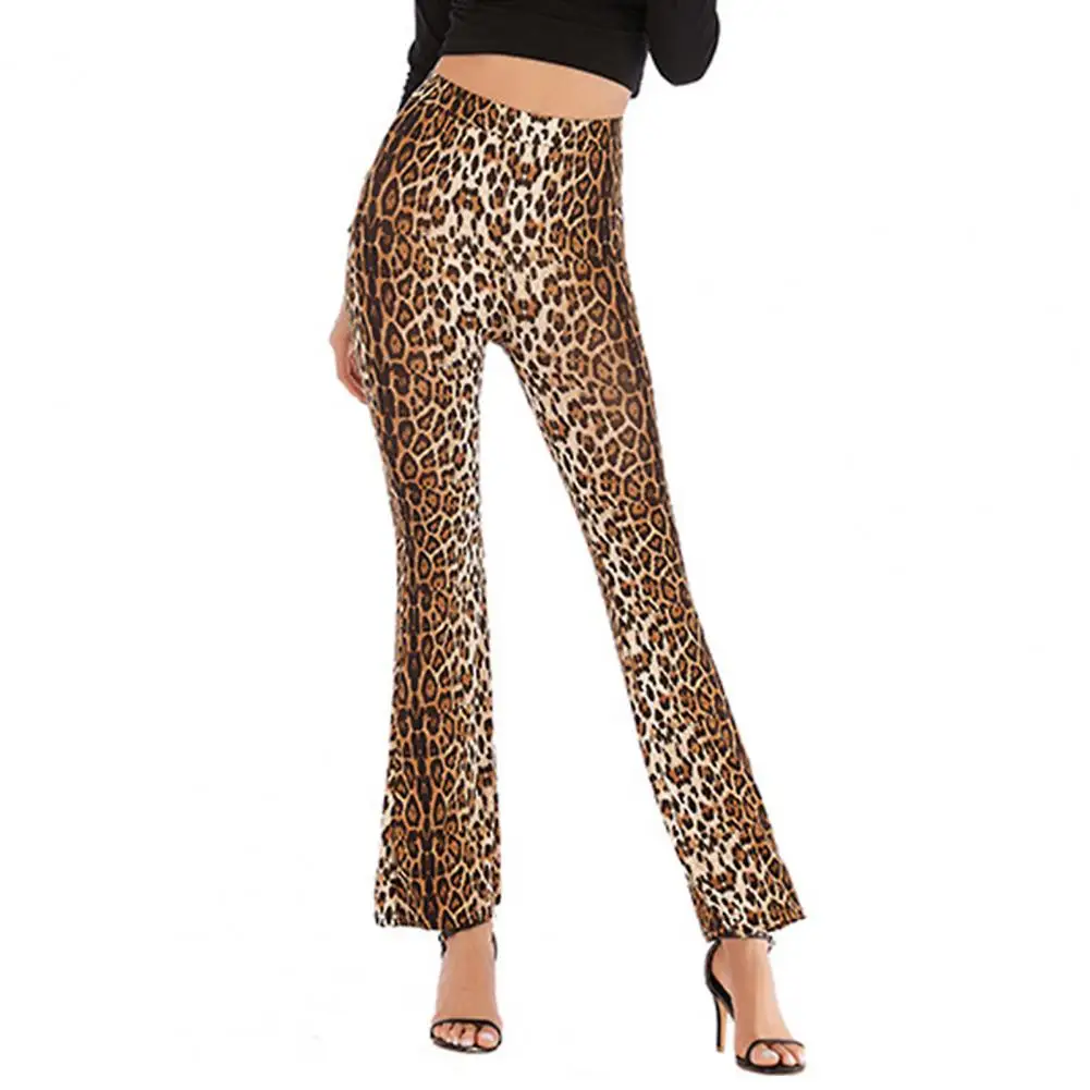 Elastic Waist Trousers Leopard Print Flared Yoga Pants for Women High Elastic Waist Slim Fit Breathable Ankle Length Trousers