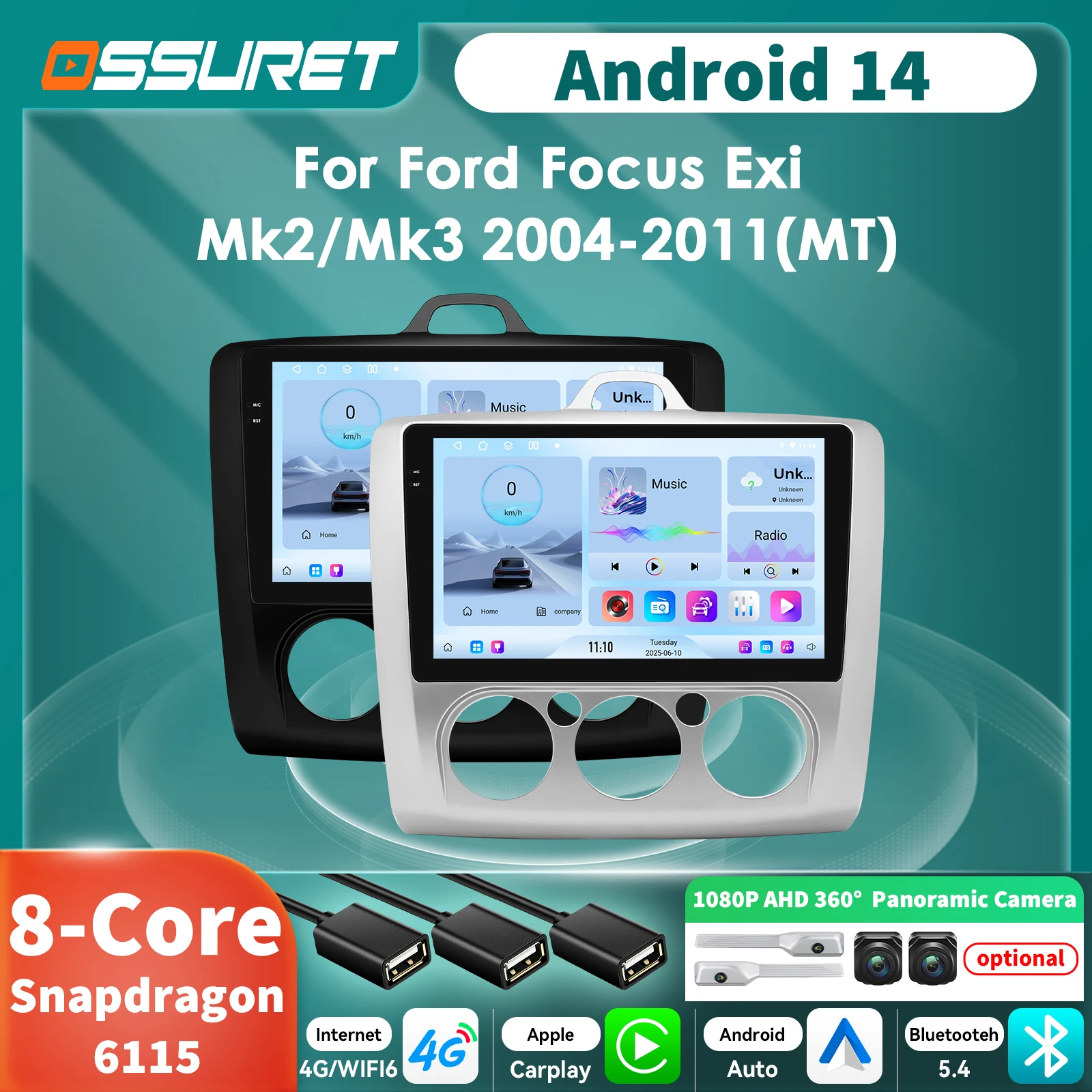 9 "Android 14 carro tela inteligente Autoradio para Ford Focus Exi MT Mk2 MK3 2004-2011 reprodutor de vídeo mulitmedia 8Core 6115 Carplay