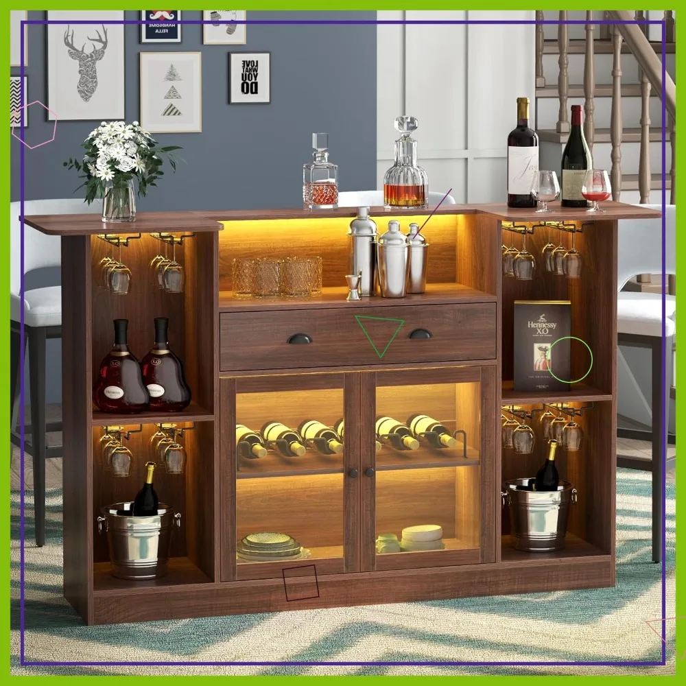 

LED Crescent Bar Cabinet with Adjustable Wine Rack, Glass Door & Storage Drawer - Home Pub Furniture