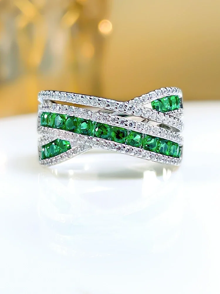 Fashion Versatile Personality Grandmother Green 925 Silver Diamond Ring Inlaid with High Carbon Diamonds Elegant Female