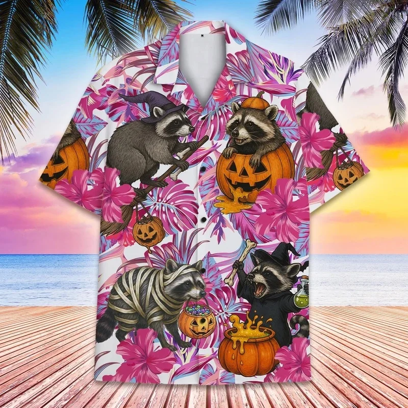 Men's Summer Hawaiian Raccoon Pumpkin Y2k Skull Shirt For Men Pattern Halloween Fashion Cute Floral Casual Vintage Harajuku Tops