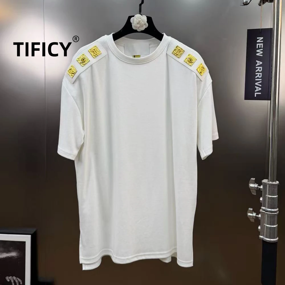 

High Street Tees Tshirts Tops Women's Summer Round Neck Short Sleeved Patchwork Metal Buckle Decoration Lazy Style Loose T-shirt