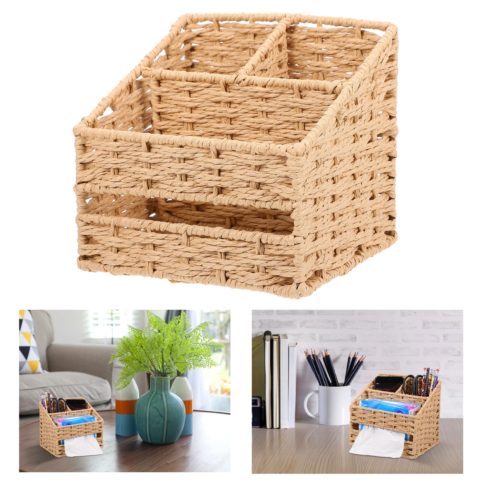 

1pc Straw Woven Remote Control Storage Box Multi-functional Desktop Tissue Box Holder Sundries Container Beige Natural for Home