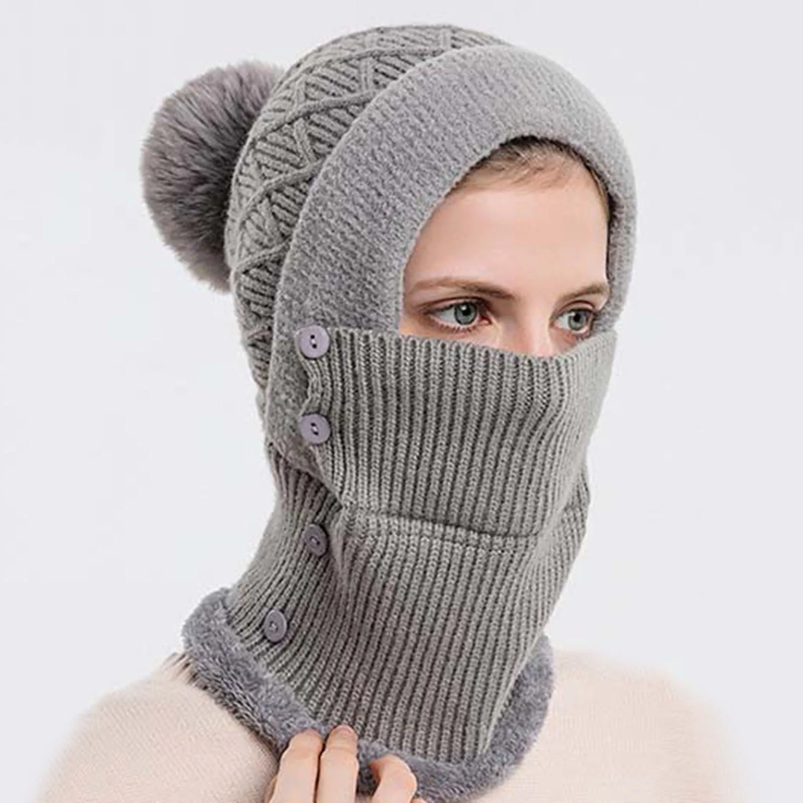 Damessjaal Gezichtsmasker Geïntegreerde koudebestendige capuchon Effen kleur Gebreid pluche Warme skimuts Outdoor Fietsen Hoofddeksels Winter