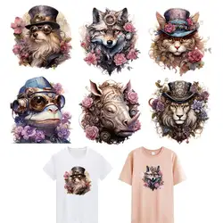 Thermal Patches Flower Animal Decals Diy Accessory Clothes Decoration Print On T-Shirt New Clothes Stickers Cat Lions Rhino