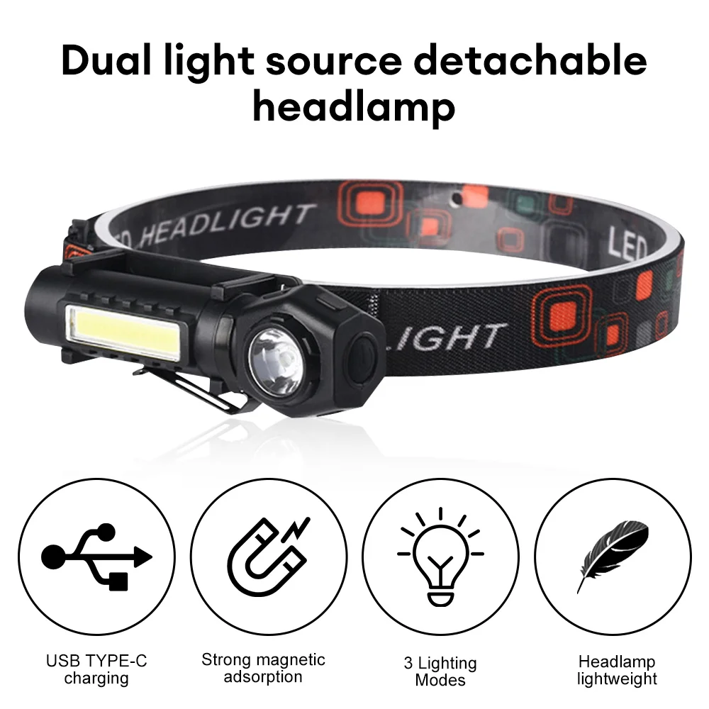 Super Bright XPE COB Headlamp Rechargeable Headlight Waterproof Flashlight with Magnetic Tail Outdoor Camping Lamp Repair Light