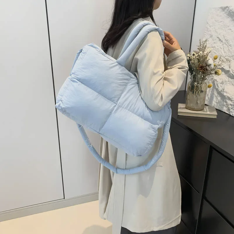 Business Solid Colour Fluffy Large Capacity Crossbody Bag Thread Nylon Handle Bag Upscale Lattice Student Commuter Computer Bag