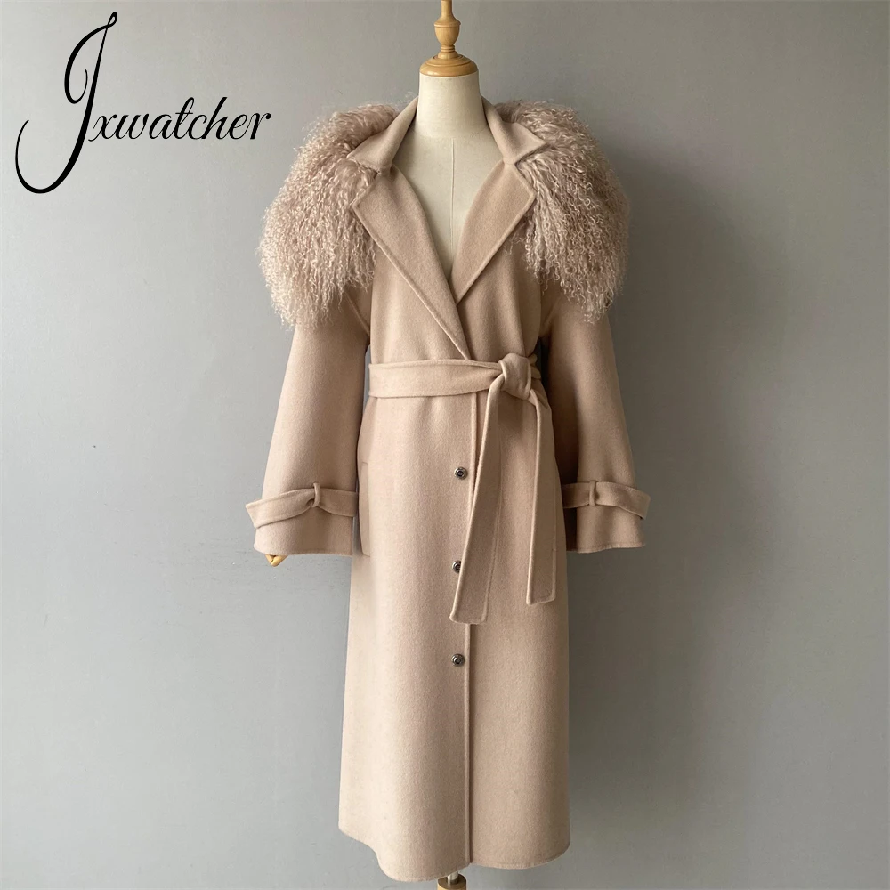 

Jxwatcher кашемировый длинный плащ с двойным лицом, 2024, женские зимние пальто, пушистое шерстяное пальто с воротником из натурального монгольского овечьего меха, новое