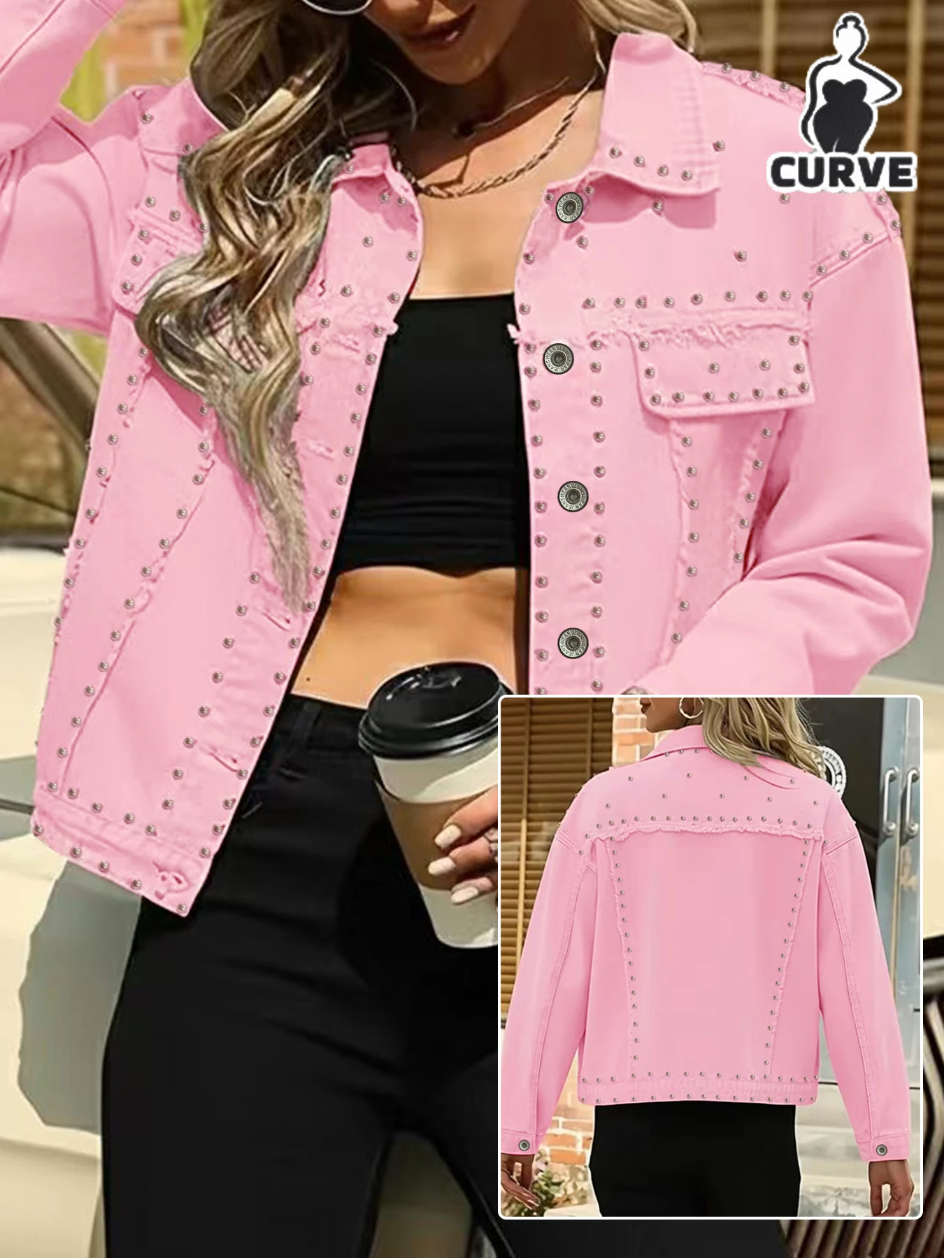 plus Size Women's Loose Rockabilly Denim Jacket with Studs Washed out Style Women's Oversized Jeans Jacket