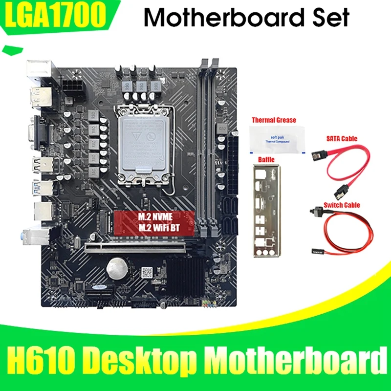 

H610 Computer Motherboard+SATA Cable+Baffle+Thermal Grease LGA1700 DDR4 Gigabit LAN For G6900 I3 12100 I5 12500 12Th CPU