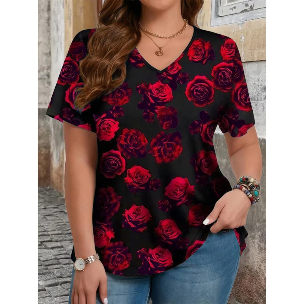 

Women's T-Shirt Elegant Floral V-Neck Fashion V-Neck Summer Short Sleeve Loose Streetwear Female Clothes Casual T-Shirt Ladies