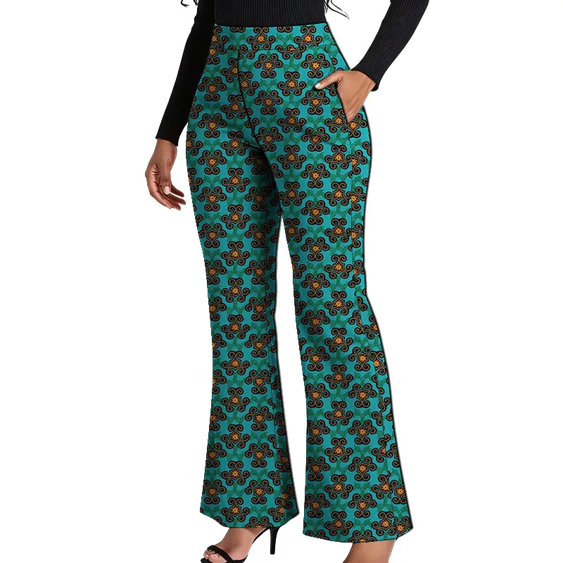 Original Design African Couture Women's Wide Leg Pants Tailored Female Ankara Trousers Dashiki Print Bell-Bottoms