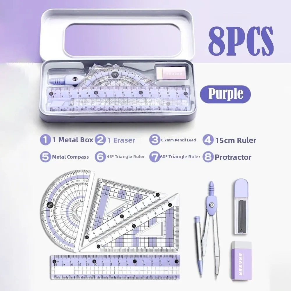 Conjunto de bússola e régua multifuncional, 8 peças, régua triangular, régua reta, conjunto de régua de estudante, transferidor, régua de medição