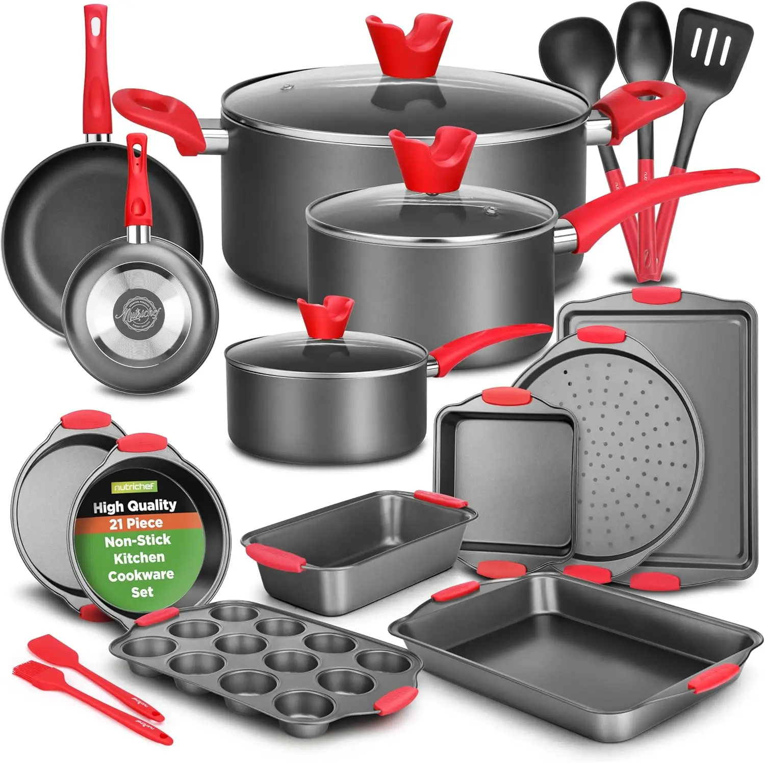 21-Piece Nonstick Cookware Set - Includes Saucepans, Skillets, Round & Square Baking Pans, Loaf & Muffin Pans, Pizza