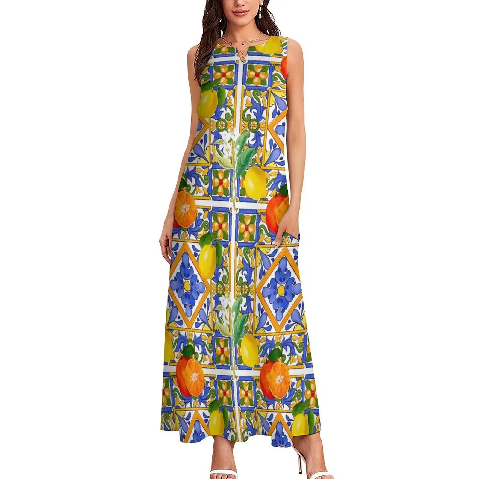 Retro  Fruit Print Dress Citrus And Lemons Sexy Maxi Dress Street Style Casual Long Dresses Womens Sleeveless Design Vestido