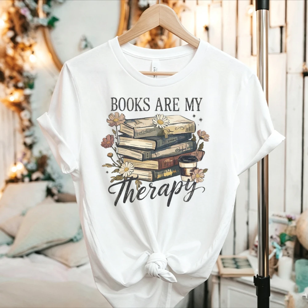 Cozy Bookish Sweatshirt for Women Men Books Are My Therapy Floral Print Coffee Cup Reading Gift Crew Neck Relaxed Fit Book Lover