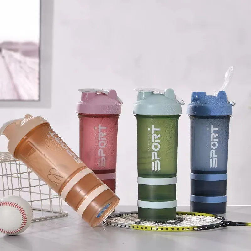 450ml Plastic Water Bottle Three Layer Protein Powder Shaker Large Capacity Stirring Cup Portable Exercise Shaker Spring Cup