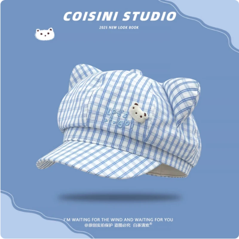 

Новинка 2026 года, нишевый милый клетчатый берет с кошачьими ушками, женские весенне-осенние универсальные милые кепки газетчика с вышитыми буквами